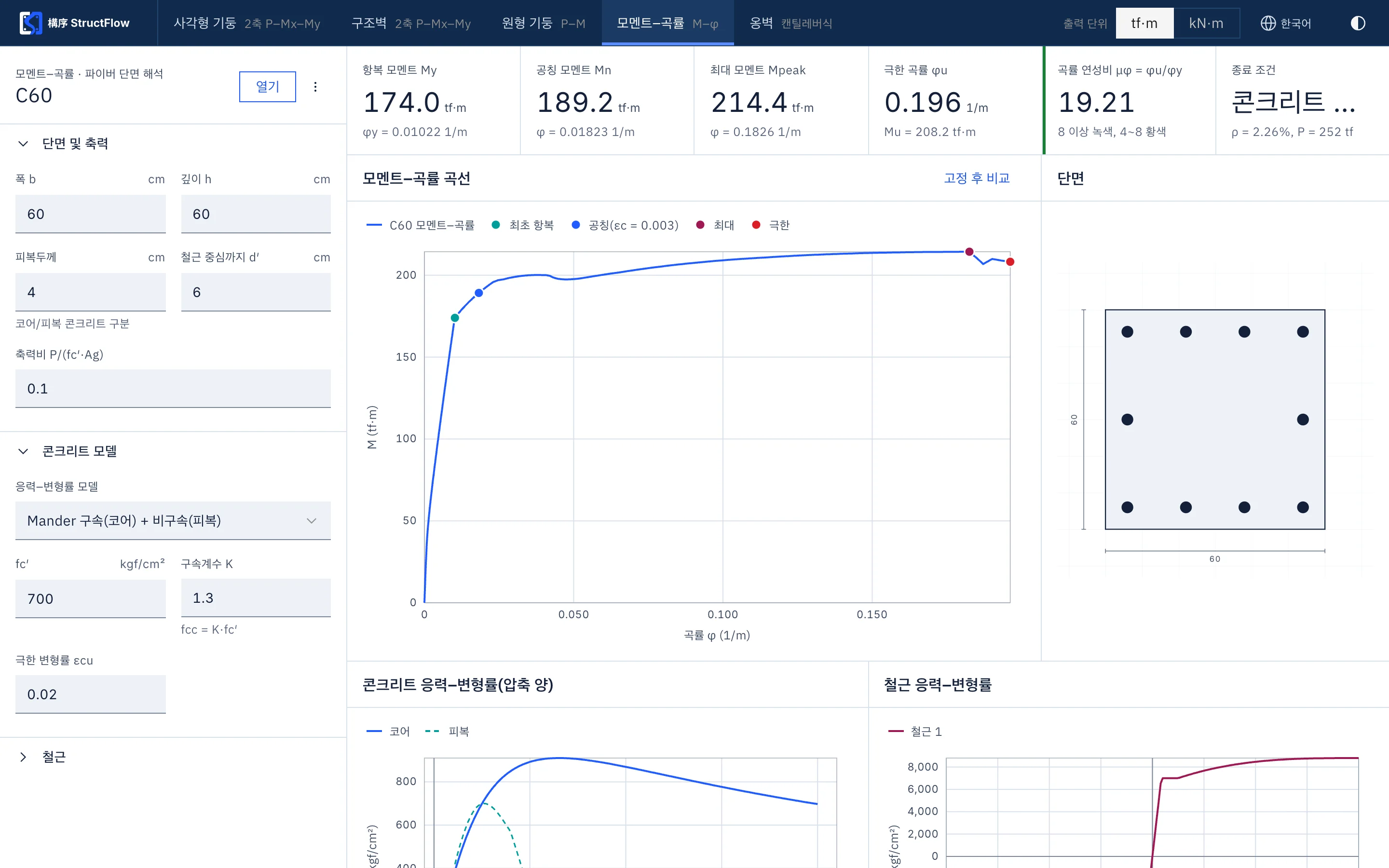 모멘트–곡률 해석 화면